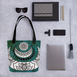Crescent Moon Mandala Beach Bag Tote showing possible contents