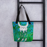 Sacred Geometry Feather Beach Bag Tote hanging on ladder