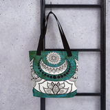 Crescent Moon Mandala Beach Bag Tote hanging on ladder