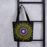 Black Flower Mandala Beach Bag Tote hanging on ladder