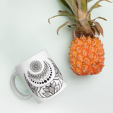 Crescent Moon Mandala Mug, pineapple for scale