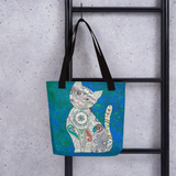 Colorful Zentangle Cat Beach Bag Tote hanging on ladder