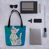 Colorful Zentangle Cat Beach Bag Tote showing possible contents